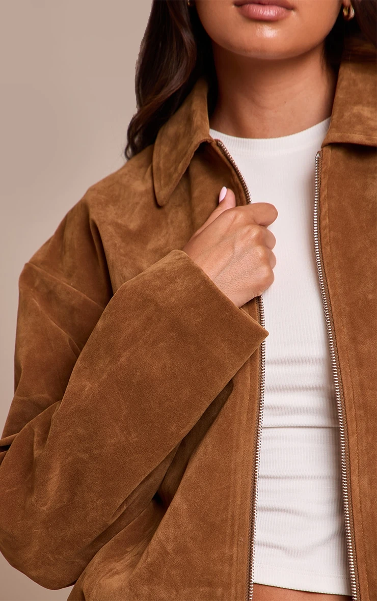 Tan Suede Zip Up Pleated Cropped Jacket 4 Tan Suede Zip Up Pleated Cropped Jacket - Image 4