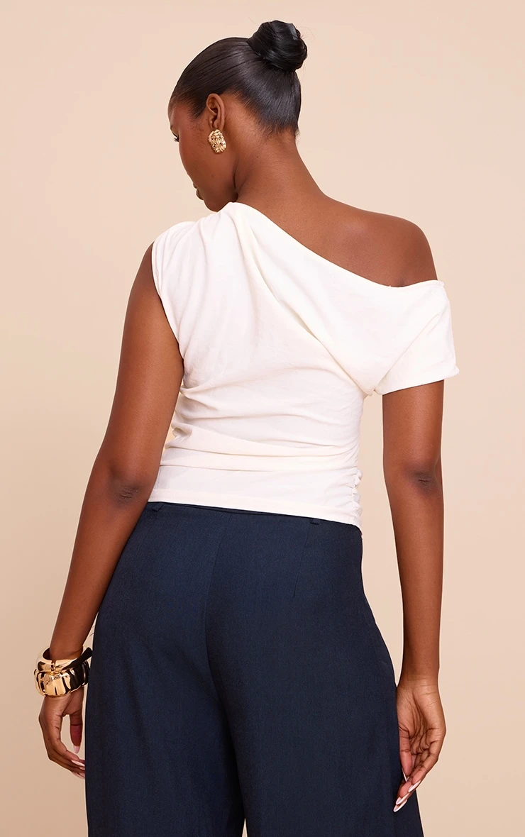 Prettylittlething Cream Floaty Woven Ruched One Shoulder Top 2 Prettylittlething Cream Floaty Woven Ruched One Shoulder Top - Image 2
