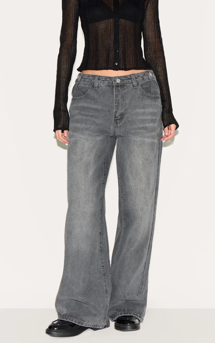 Prettylittlething Washed Grey Button Detail Wide Leg Jeans 2 Prettylittlething Washed Grey Button Detail Wide Leg Jeans - Image 2