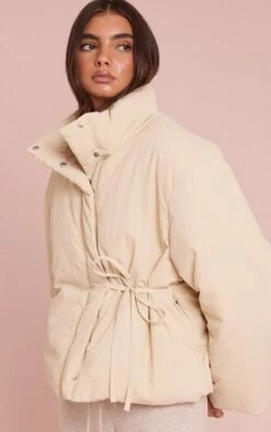 Prettylittlething Cream High Neck Tie Waist Quilted Puffer Jacket