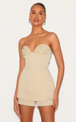 Prettylittlething Stone Woven Bust Cup Detail Peplum Romper