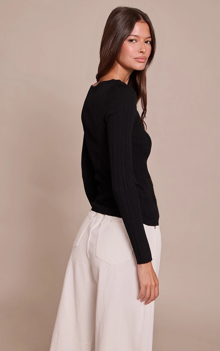 Black Fine Knit Boat Neck Rib Knit Top 2 Black Fine Knit Boat Neck Rib Knit Top - Image 2