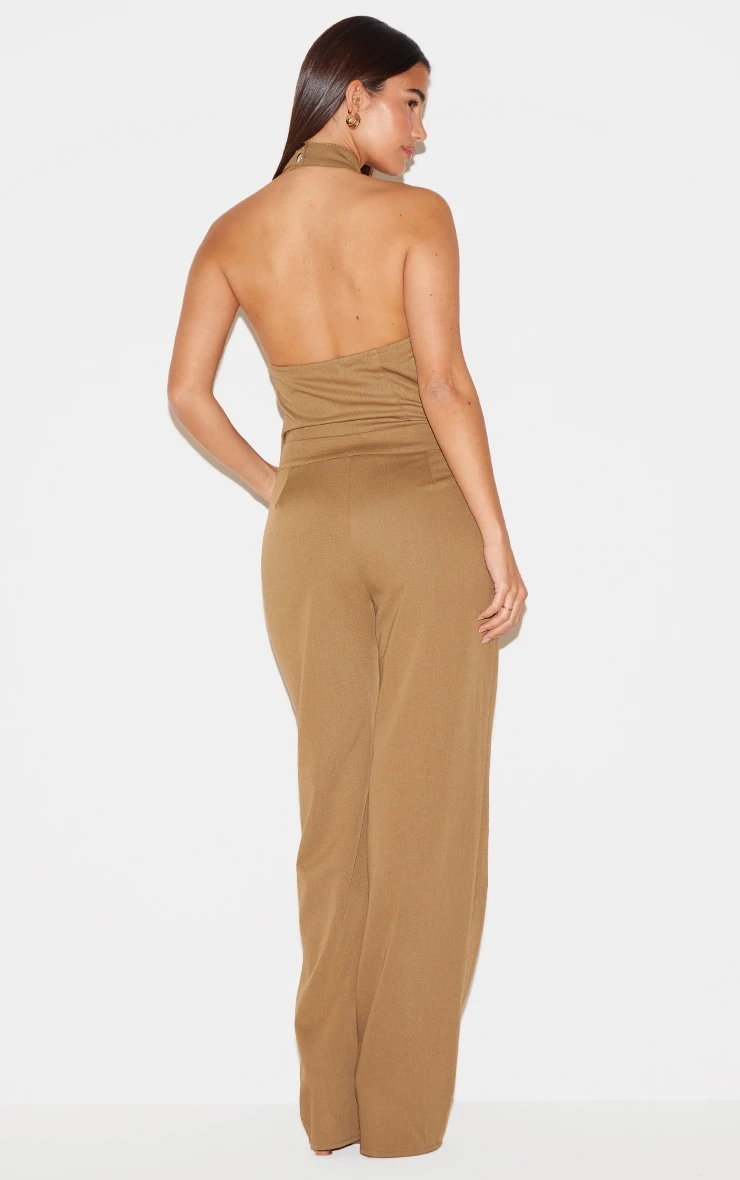 Prettylittlething Khaki Woven High Neck Zip Detail Straight Leg Jumpsuit 2 Prettylittlething Khaki Woven High Neck Zip Detail Straight Leg Jumpsuit - Image 2