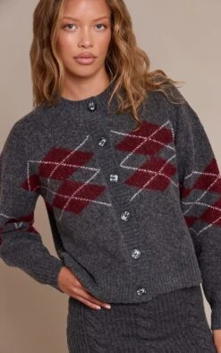 Grey Argyle Button Through Cardigan