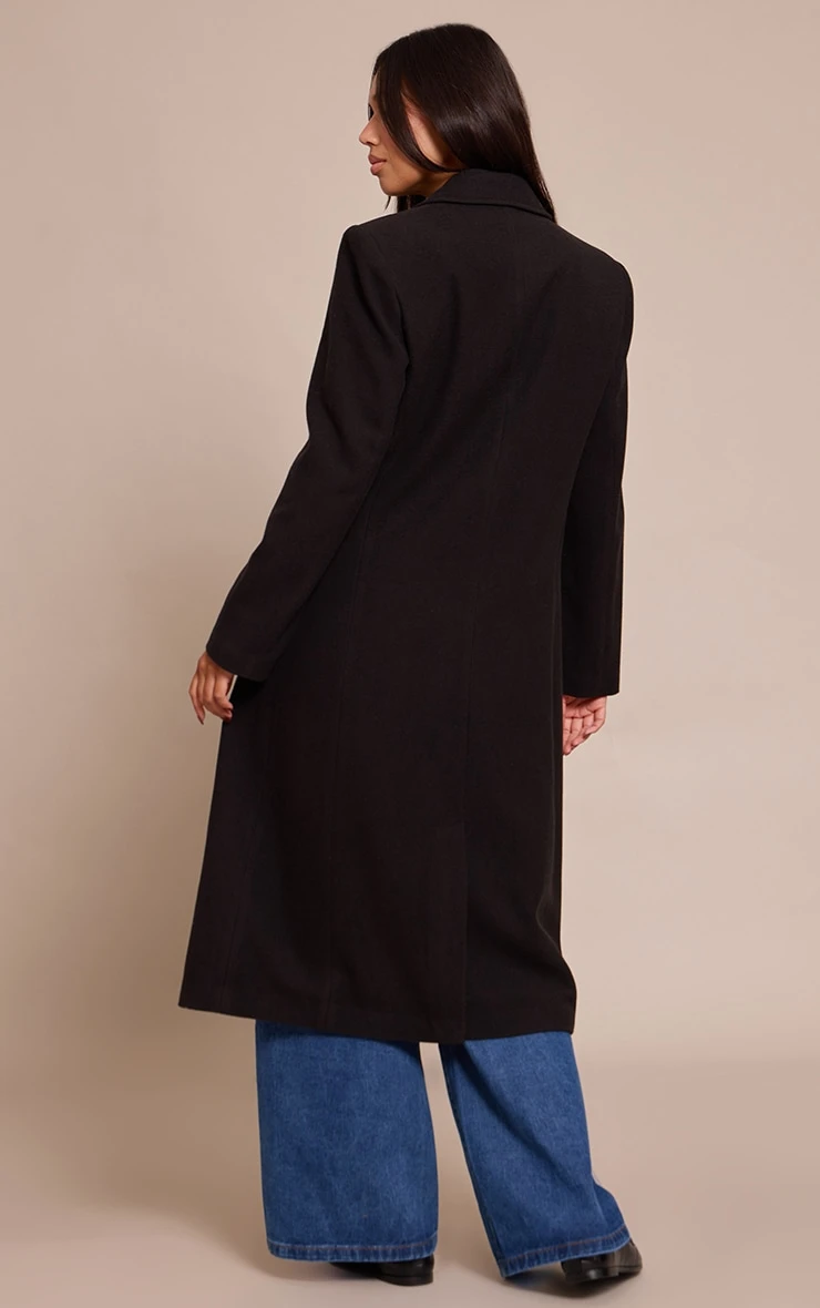 Prettylittlething Black Single Breasted Seam Detail Wool Look Maxi Coat - Image 2
