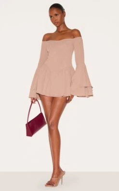 Prettylittlething Taupe Bardot Flare Sleeve Romper -Pretty Little Thing Shop 6d41847d8fe116a7fa2a86004781bb144616995e CNL9222 3 taupe bardot flare sleeve playsuit