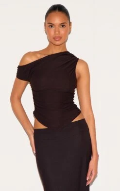 Prettylittlething Dark Brown Soft Touch Sleeveless Asymmetric Top