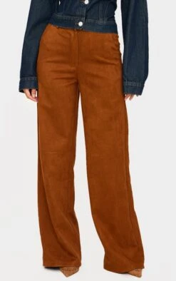 Prettylittlething Camel Faux Suede Tailored Straight Leg Pants
