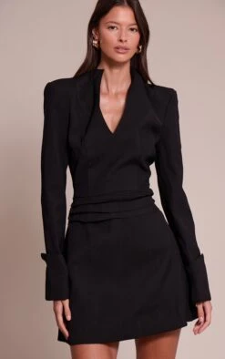 Prettylittlething Black Woven V Neck Blazer Dress