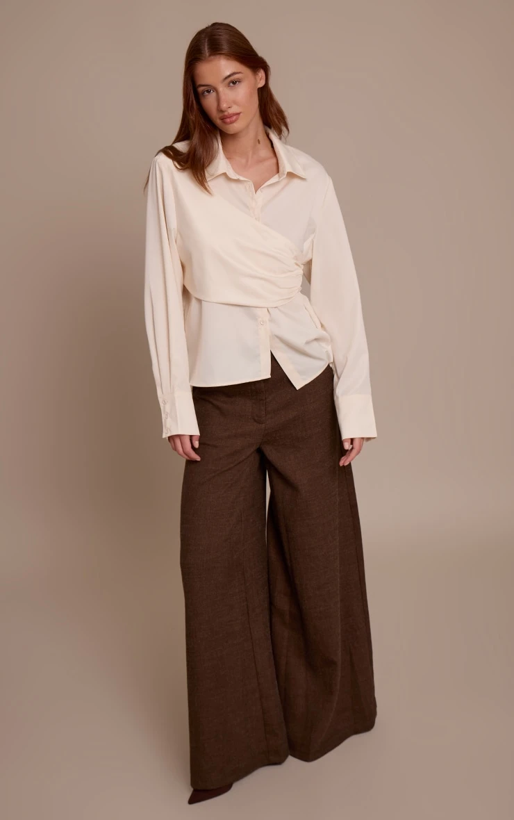 Prettylittlething Cream Satin Drape Detail Long Sleeve Shirt 3 Prettylittlething Cream Satin Drape Detail Long Sleeve Shirt - Image 3