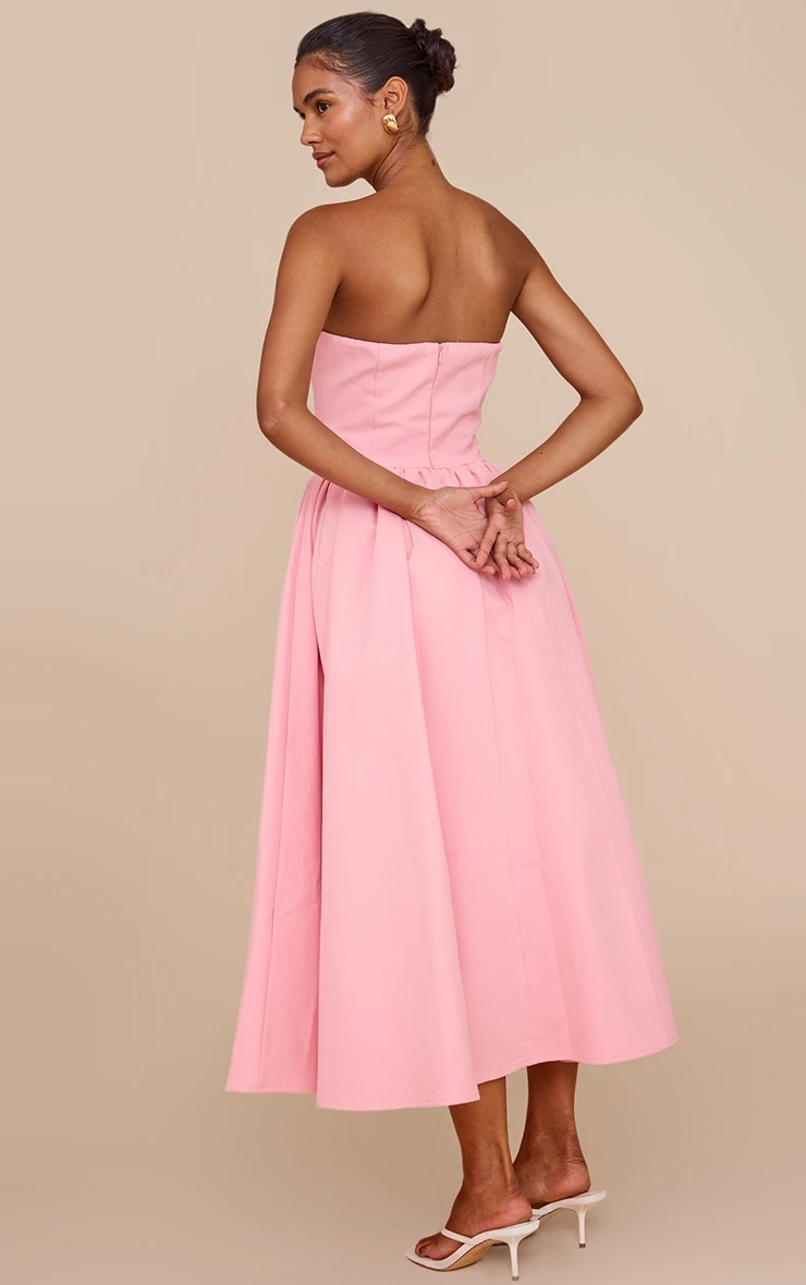 Prettylittlething Candy Pink Woven Bandeau Ruched Skater Midaxi Dress - Image 2