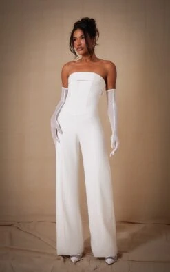 Prettylittlething Premium White Woven Bandeau Wide Leg Jumpsuit