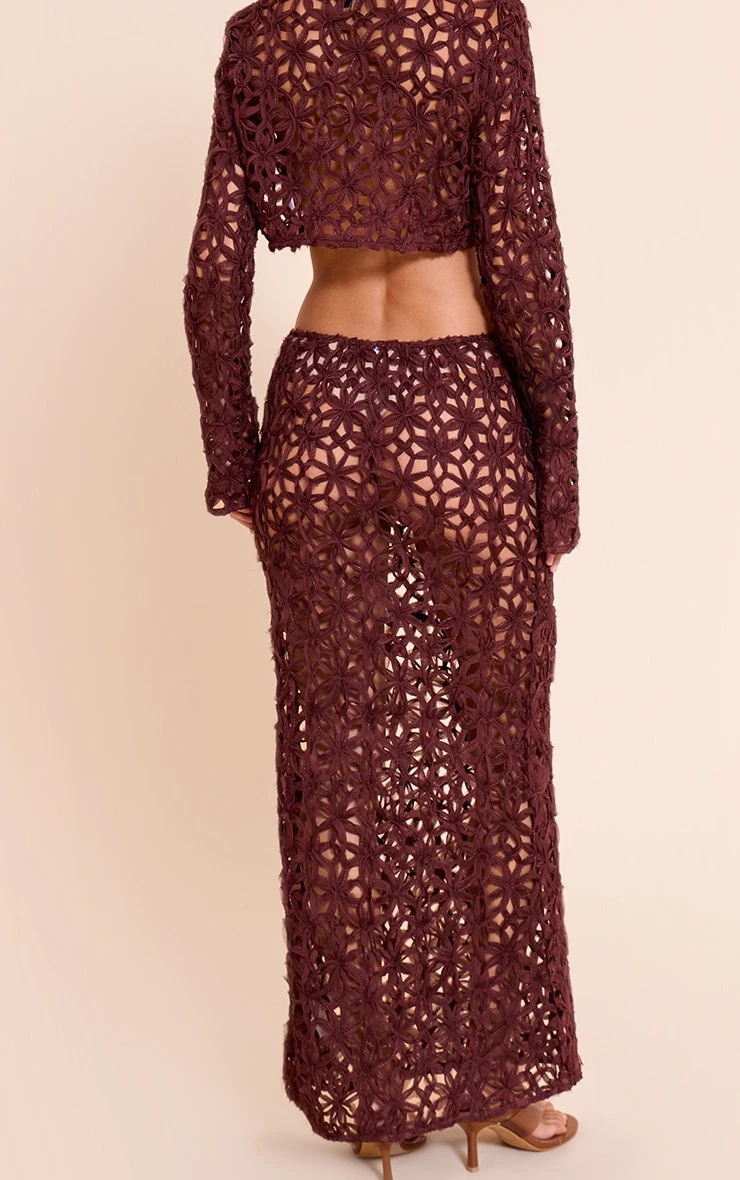 Dark Brown Textured Floral Maxi Skirt 3 Dark Brown Textured Floral Maxi Skirt - Image 3