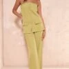 Olive Woven Bandeau Button Detail Tailored Wide Leg Jumpsuit