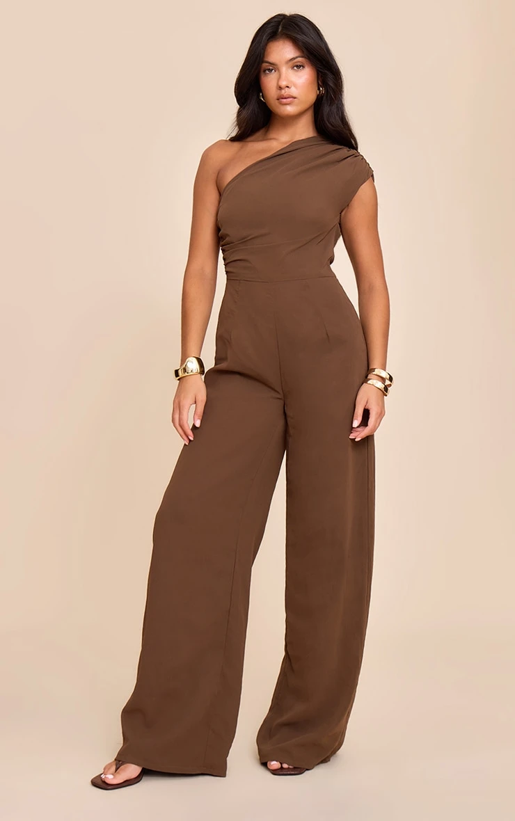Prettylittlething Mushroom Chiffon One Shoulder Ruched Jumpsuit 1 Prettylittlething Mushroom Chiffon One Shoulder Ruched Jumpsuit