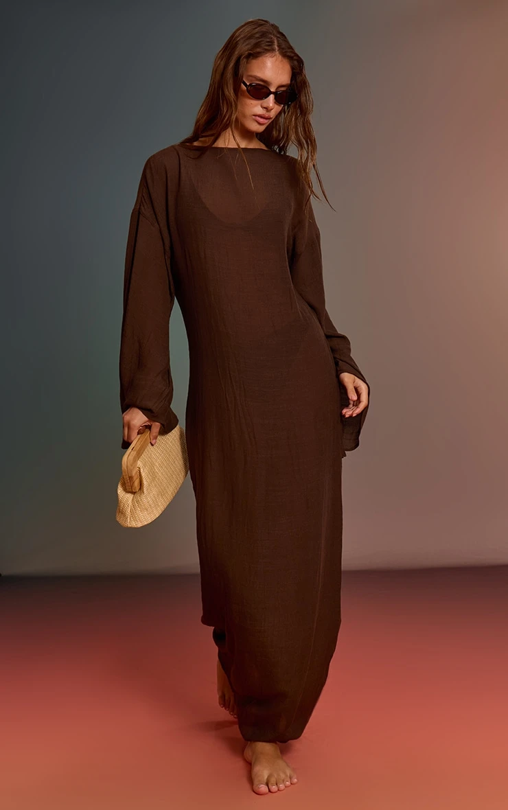 Prettylittlething Espresso Linen Look Flute Sleeve Beach Maxi Dress - Image 3