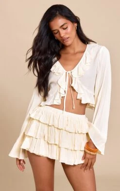 Prettylittlething Butter Yellow Cheesecloth Ruffle Mini Skort
