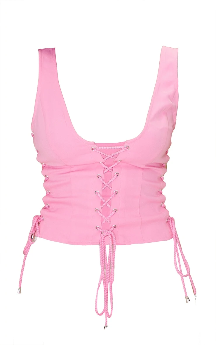 Candy Pink Woven Lace Up Detail Plunge Sleeveless Top 5 Candy Pink Woven Lace Up Detail Plunge Sleeveless Top - Image 5