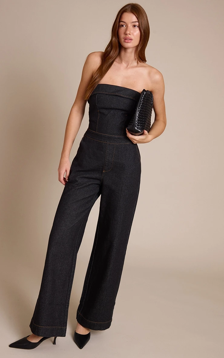 Prettylittlething Raw Indigo Wash Fold Over Bandeau Denim Jumpsuit