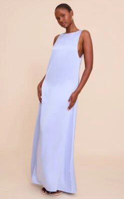 Prettylittlething Blue Satin Boat Neck Sleeveless Maxi Dress