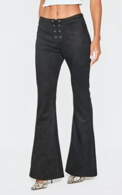 Prettylittlething Black Faux Suede Lace Up Straight Leg Pant