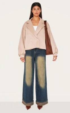 Prettylittlething Stone Faux Suede Balloon Sleeve Trench Coat