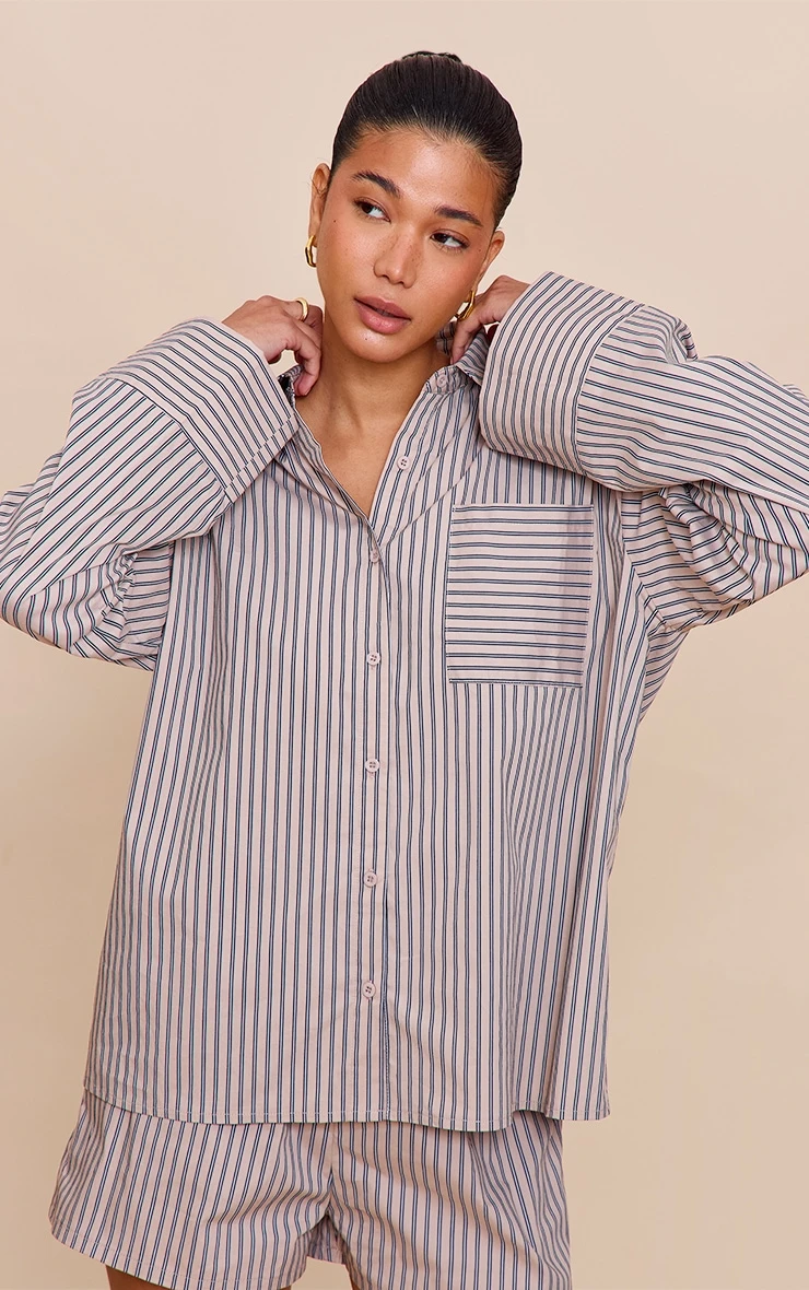 Prettylittlething Stone Woven Pinstripe Balloon Sleeve Oversized Shirt