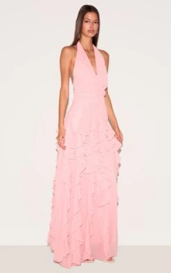 Prettylittlething Light Pink Plunge Ruched Frill Detail Maxi Dress