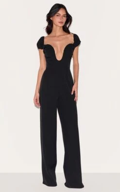Prettylittlething Black Woven Plunge Straight Leg Jumpsuit