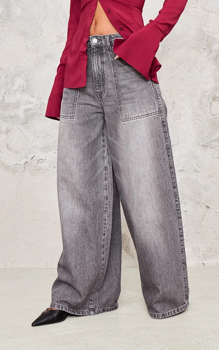 Prettylittlething Washed Grey Mid Rise Wide Leg Jeans 1 Prettylittlething Washed Grey Mid Rise Wide Leg Jeans