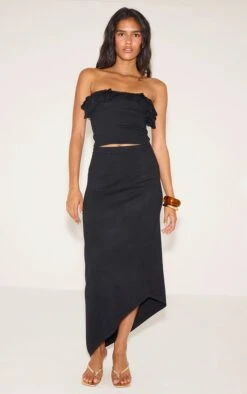 Prettylittlething Black Fine Knit Asymmetric Hem Maxi Skirt