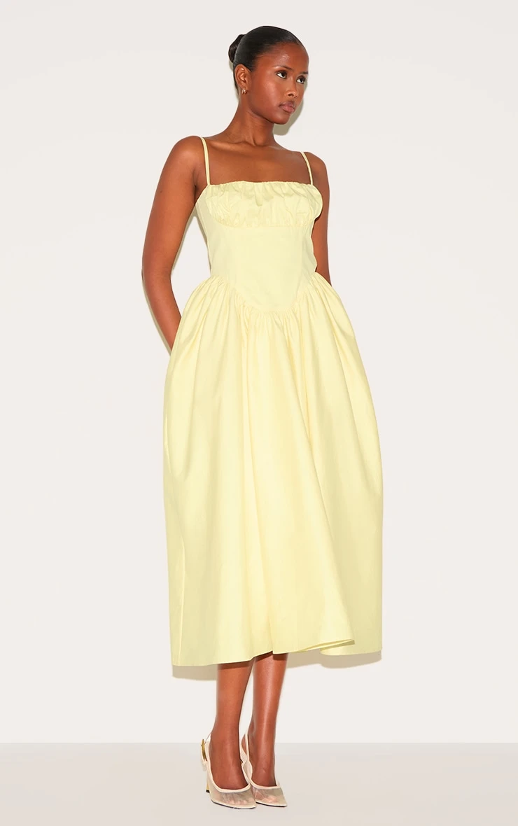 Prettylittlething Lemon Ruched Bust Corset Strappy Midaxi Dress - Image 3