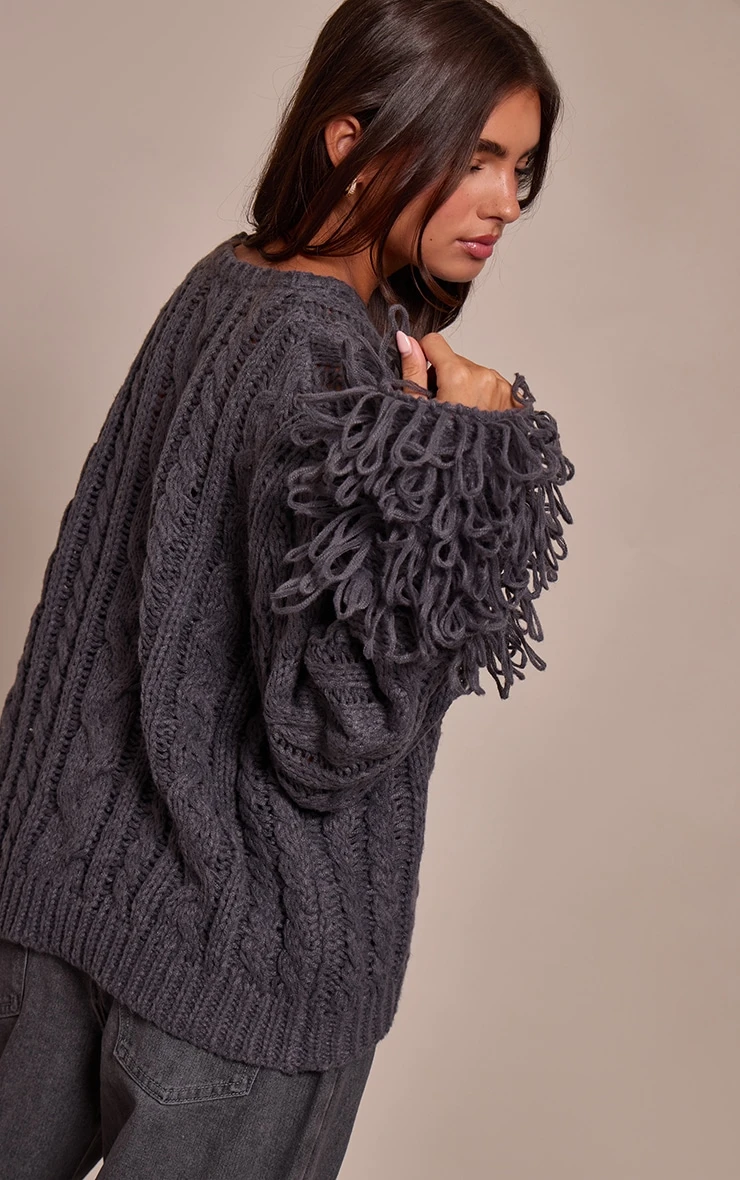 Charcoal Cable Knit Loop Trim Sweater 2 Charcoal Cable Knit Loop Trim Sweater - Image 2