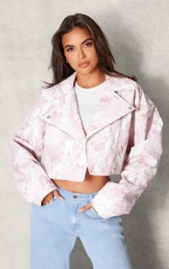 Pink Printed Textured Faux Leather Crop Biker Jacket