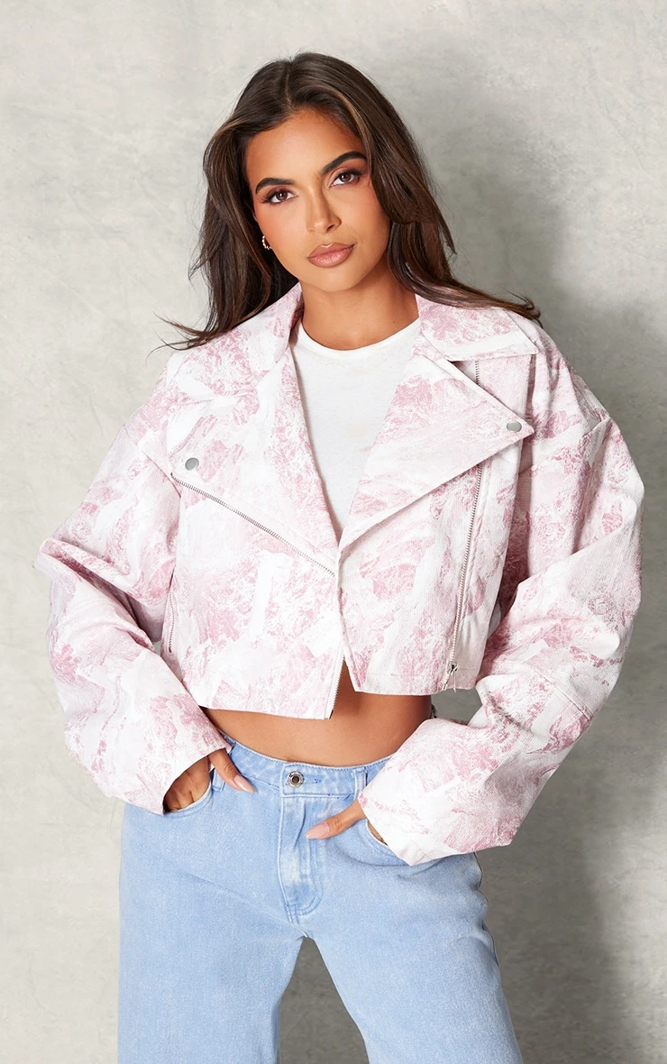 Pink Printed Textured Faux Leather Crop Biker Jacket 1 Pink Printed Textured Faux Leather Crop Biker Jacket