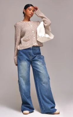 Prettylittlething Mocha Marl Textured Bobble Knit Button Up Pocket Detail Cardigan