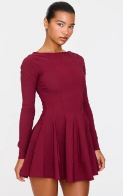 Burgundy Stretch Woven Boat Neck Long Sleeve Pleated Shift Dress