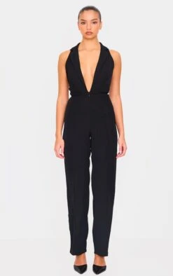 Prettylittlething Black Tailored Woven Vest Lace Up Detail Jumpsuit