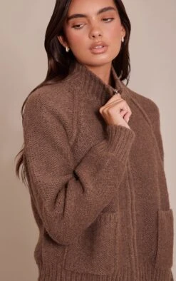Chocolate Zip Up Pocket Detail Knitted Cardigan -Pretty Little Thing Shop 7044557bb244ba978aadb94847d75816569686c1 CNN9709 4 chocolate zip up pocket detail knitted cardigan