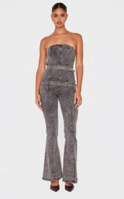 Prettylittlething Washed Grey Buckle Detail Straight Leg Denim Jumpsuit