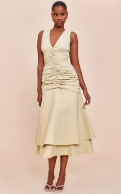 Prettylittlething Sage Woven Ruched Dropped Waist Midaxi Dress