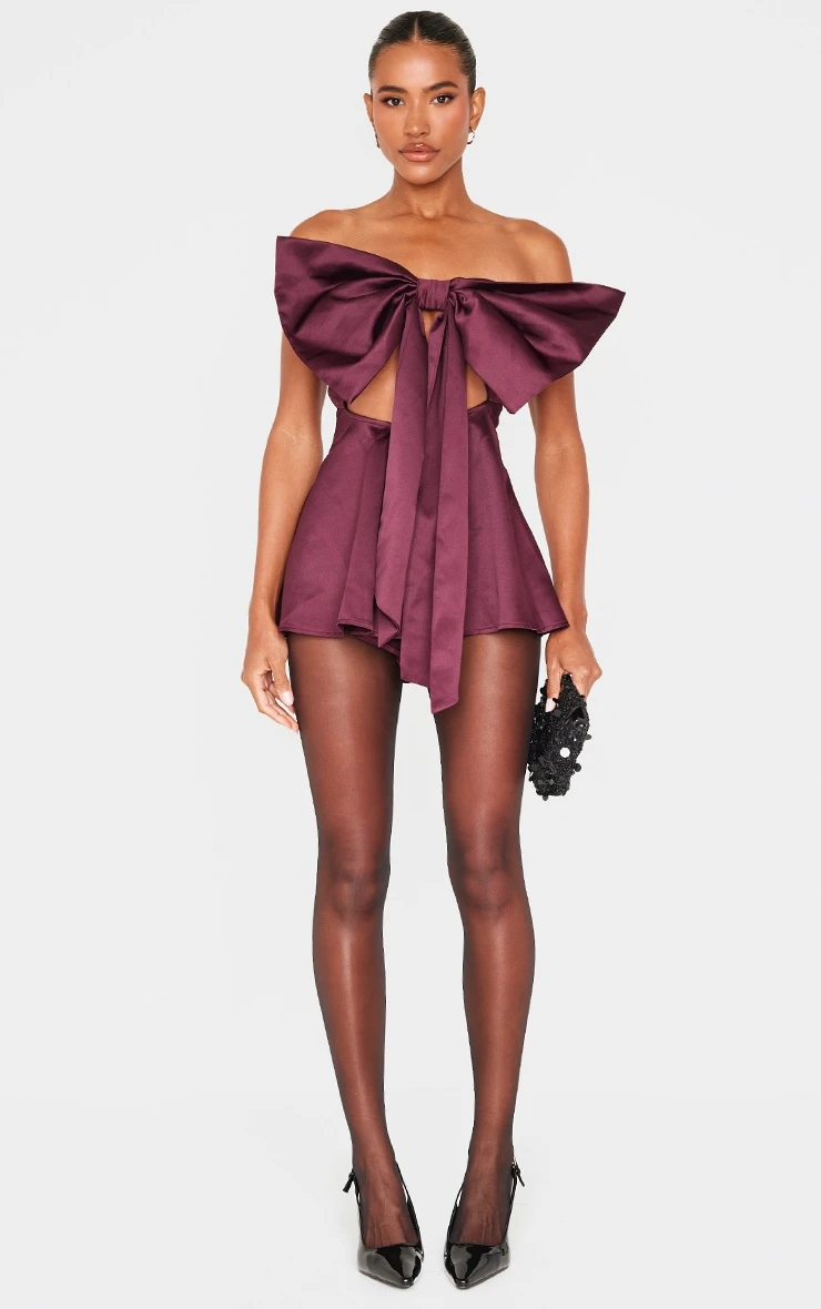 Prettylittlething Burgundy Satin Oversized Bow Bandeau Romper 3 Prettylittlething Burgundy Satin Oversized Bow Bandeau Romper - Image 3