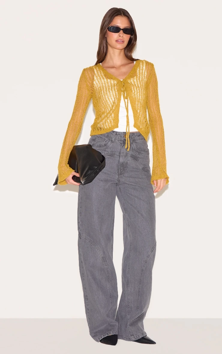 Prettylittlething Olive Ladder Knit Sheer Cropped Tie Front Top - Image 3