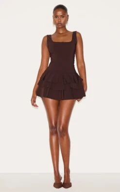 Prettylittlething Chocolate Stretch Woven Pleated Skort Romper -Pretty Little Thing Shop 717171f05c0785a109dfefebcbe84979254d47f1 CNM5741 3 chocolate stretch woven pleated skort playsuit