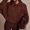 Chocolate Faux Suede Covered Placket Bomber Jacket