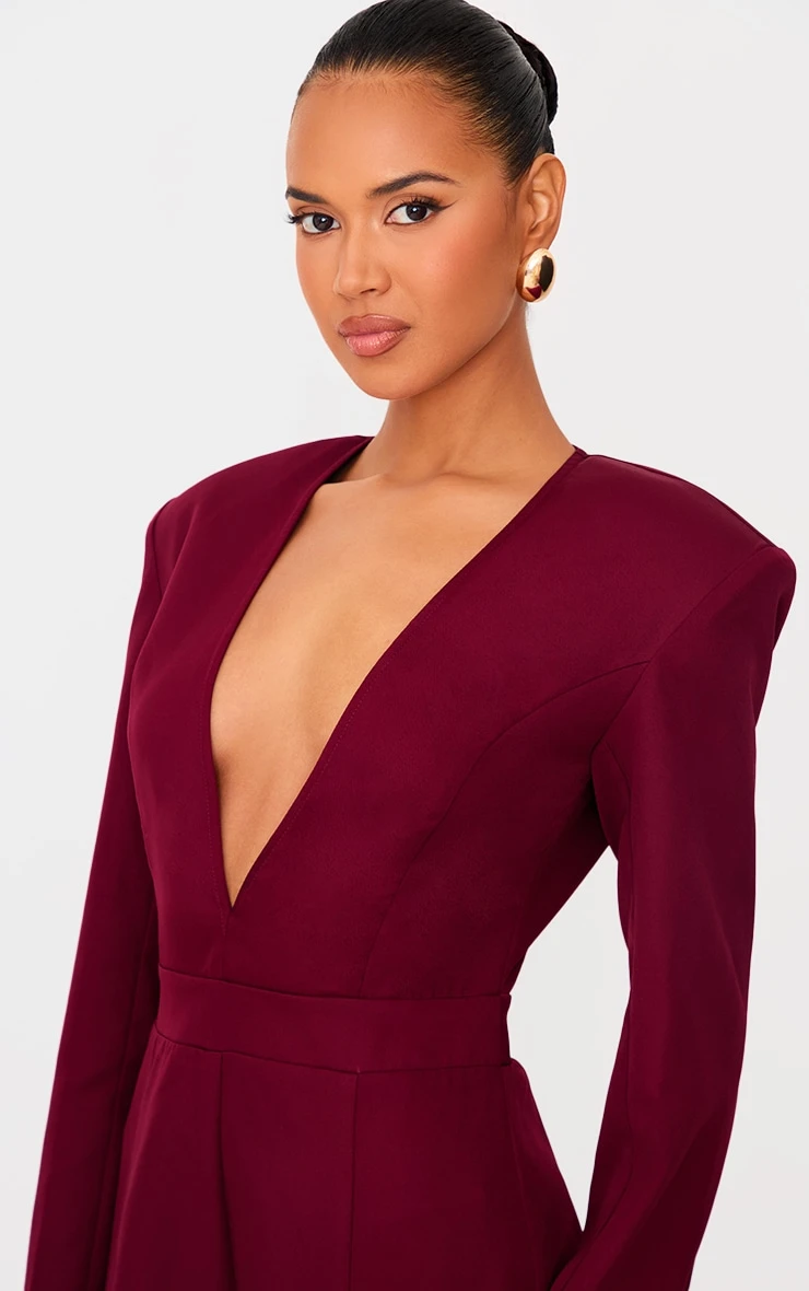 Prettylittlething Burgundy Woven Plunge Long Sleeve Straight Leg Jumpsuit 4 Prettylittlething Burgundy Woven Plunge Long Sleeve Straight Leg Jumpsuit - Image 4