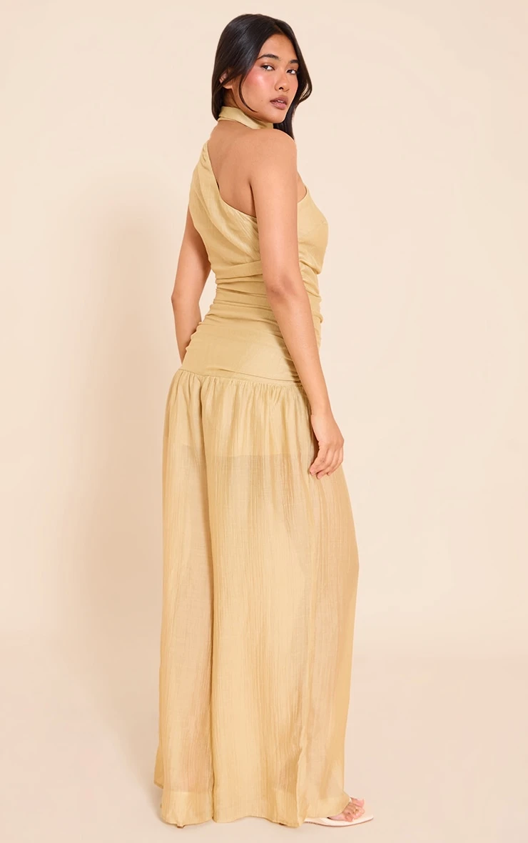 Prettylittlething Mustard Textured One Shoulder Scarf Detail Jumpsuit 2 Prettylittlething Mustard Textured One Shoulder Scarf Detail Jumpsuit - Image 2