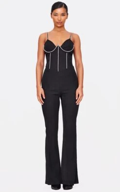 Prettylittlething Black Diamante Corset Detail Flared Strappy Jumpsuit
