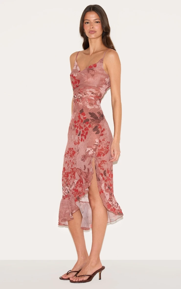Prettylittlething Mushroom Chiffon Floral Cowl Neck Midi Dress - Image 3
