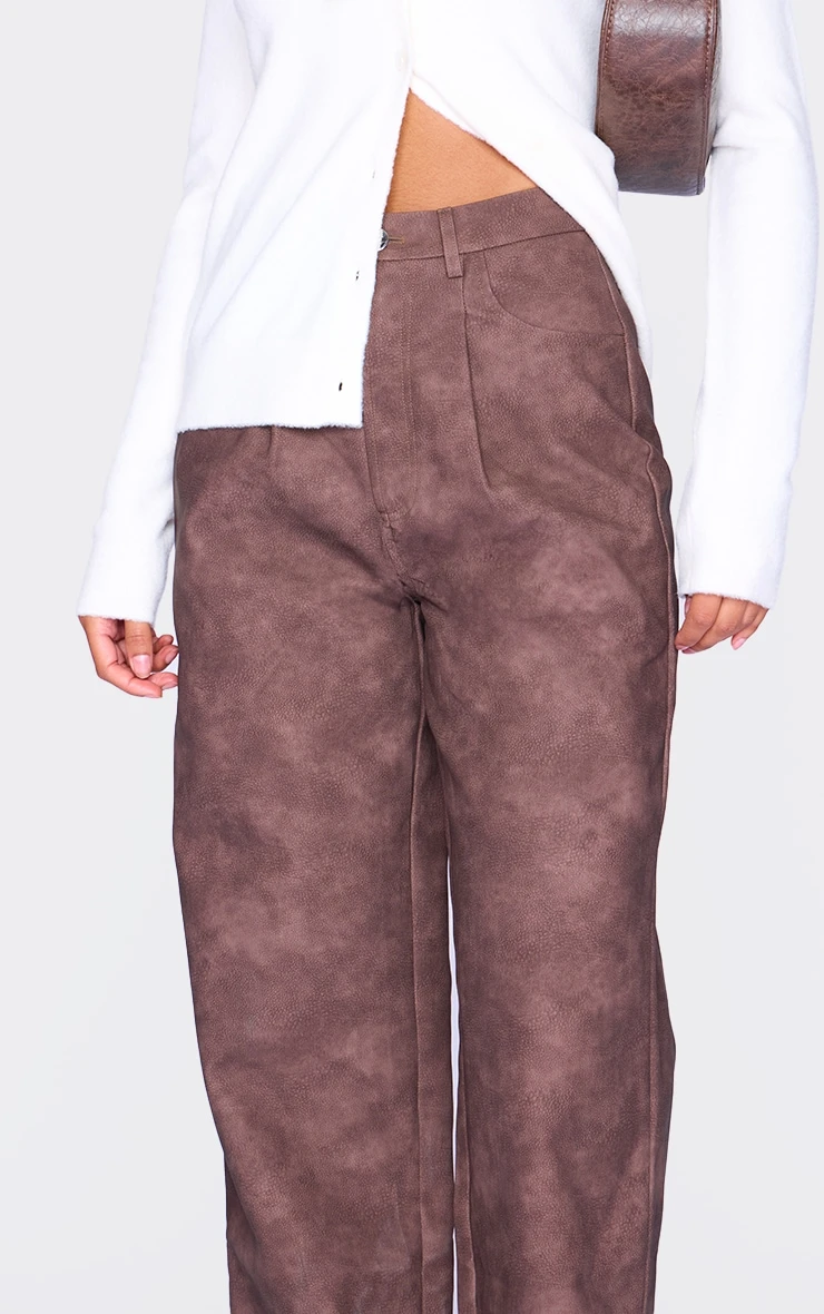 Prettylittlething Chocolate Washed Faux Leather Dart Pocket Straight Leg Pants 4 Prettylittlething Chocolate Washed Faux Leather Dart Pocket Straight Leg Pants - Image 4